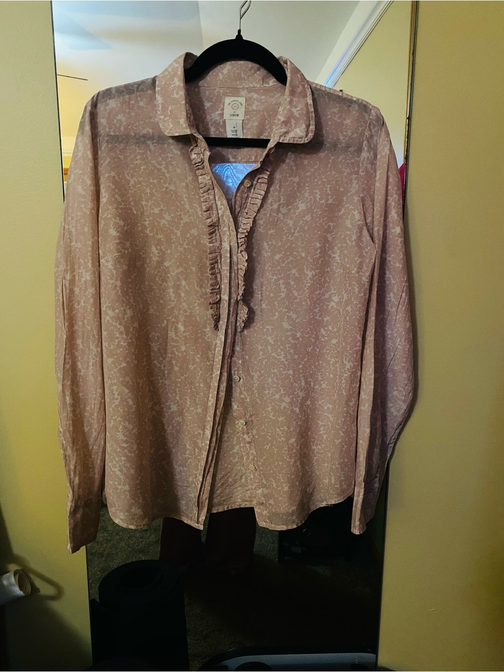 J. Crew “The Perfect Shirt” Cashmere/Silk Pink Floral Ruffle Button-Front Blouse
